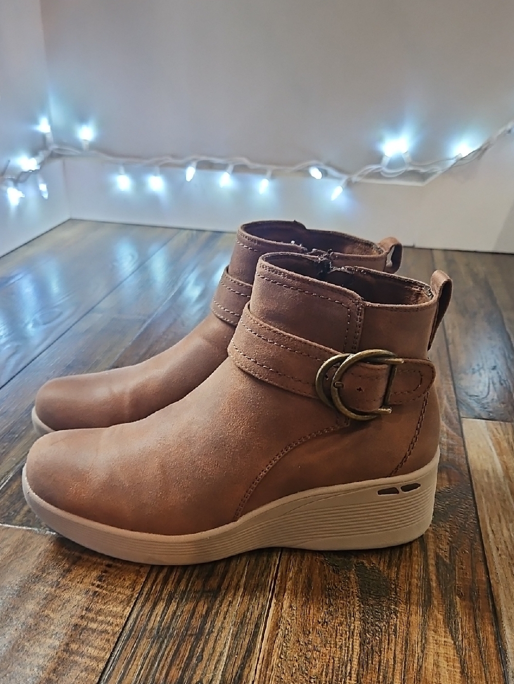 Skechers Brown Wedge Ankle Booties with Buckle Strap